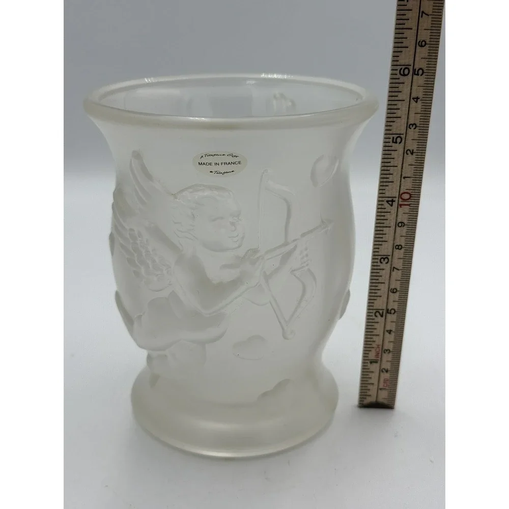 Teleflora 3D Cherub Cupid Hearts Angel Frosted Vase Vintage Made In France 5.5